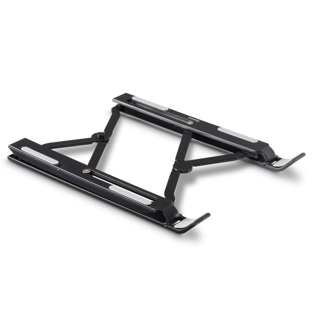 Soporte para portátil negro, ajustable, con detalles plateados, sobre blanco.