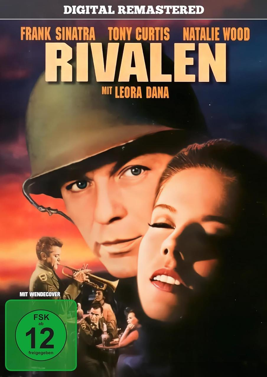Filmcover von 'Rivalen', Frank Sinatra, Tony Curtis und Natalie Wood. Militärthema, ein Mann mit Helm.