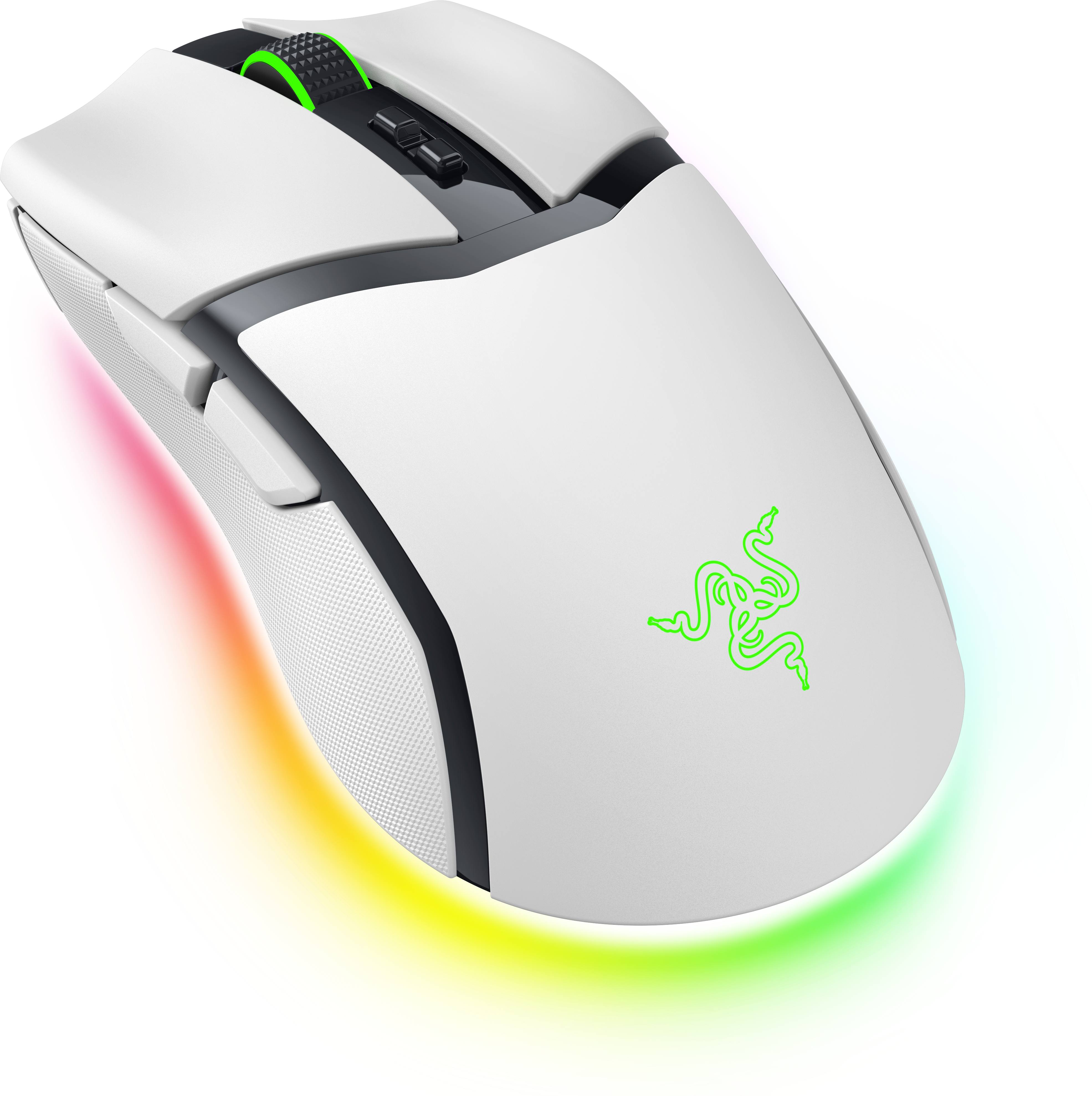 Eine weiße Gaming-Maus mit Razer-Logo und Regenbogenlicht.