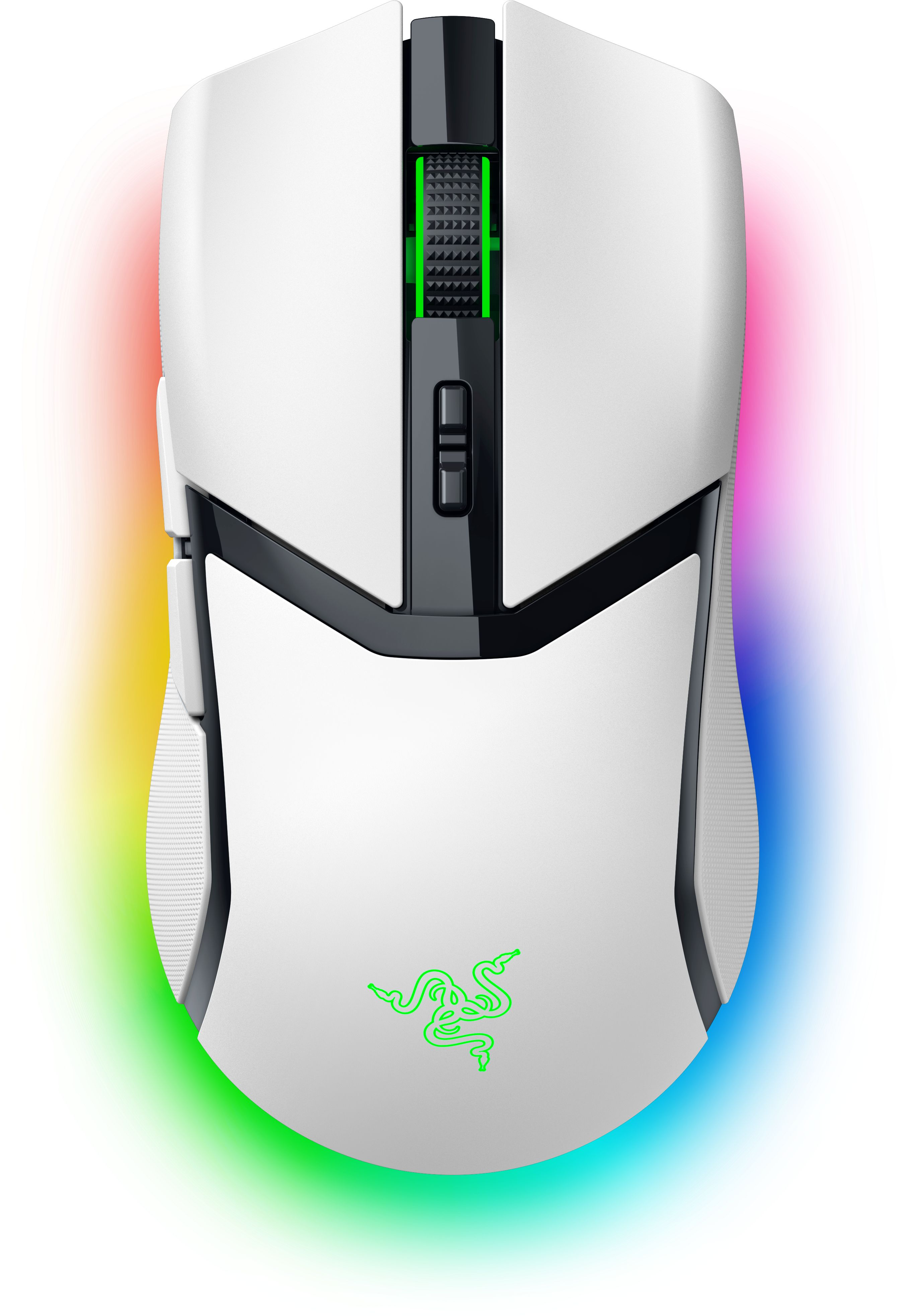 Eine weiße Razer Gaming-Maus mit grünem Logo und Scrollrad, umgeben von farbigen Lichtern.
