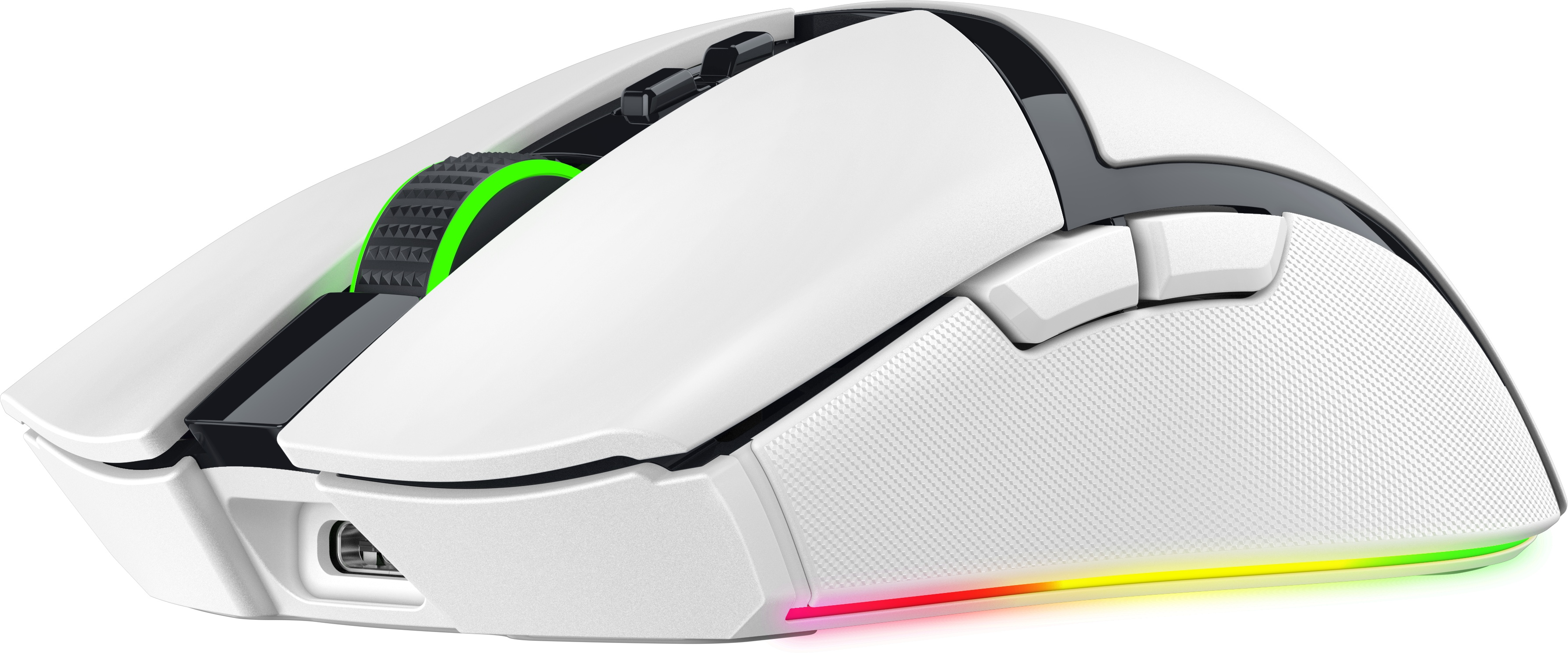 Eine weiße Razer Gaming-Maus mit grünem Scrollrad und RGB-Beleuchtung.