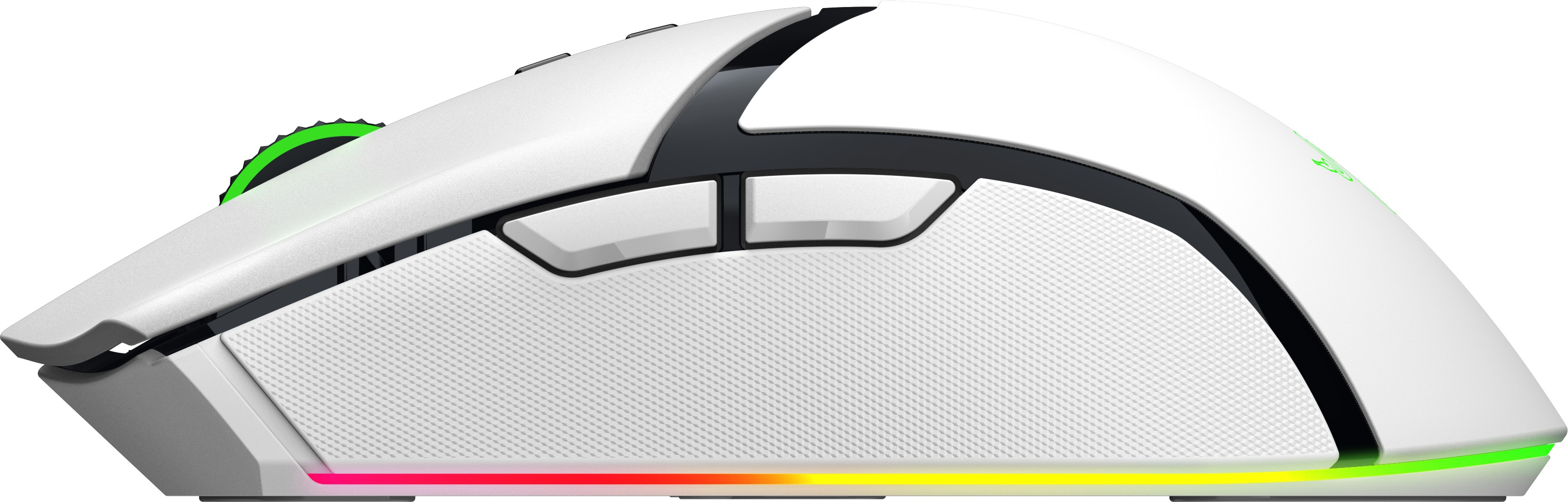 Weiße Gaming-Maus mit schwarzen Akzenten, Seitentasten und farbigem LED-Streifen.
