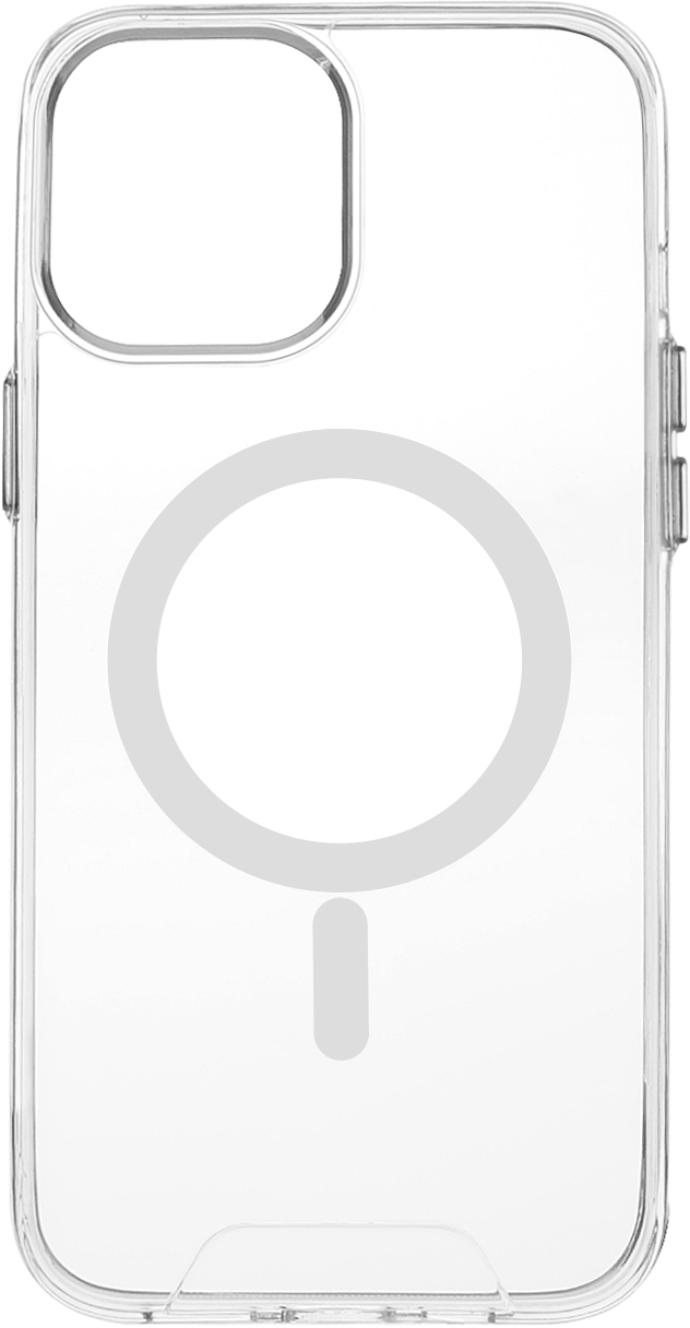 Coque de téléphone transparente avec un cercle et une ligne au dos, fond clair.