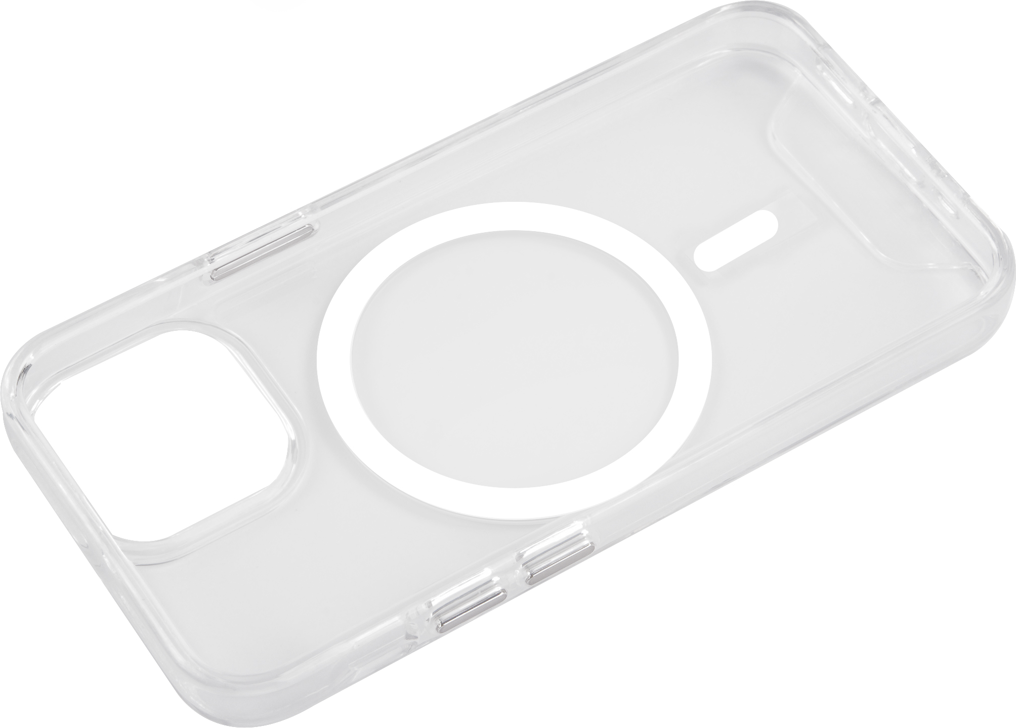 Coque de téléphone transparente avec un anneau blanc. Elle est transparente et légèrement inclinée.