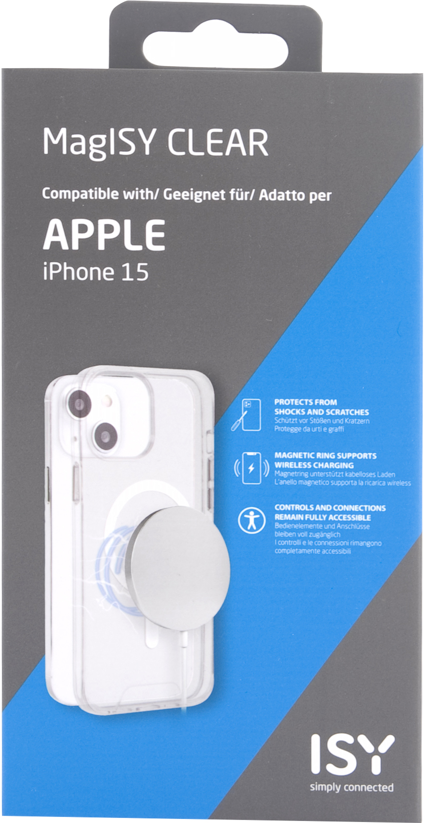 Un étui de téléphone transparent avec un iPhone 15 d'Apple à l'intérieur, plus un anneau magnétique circulaire.