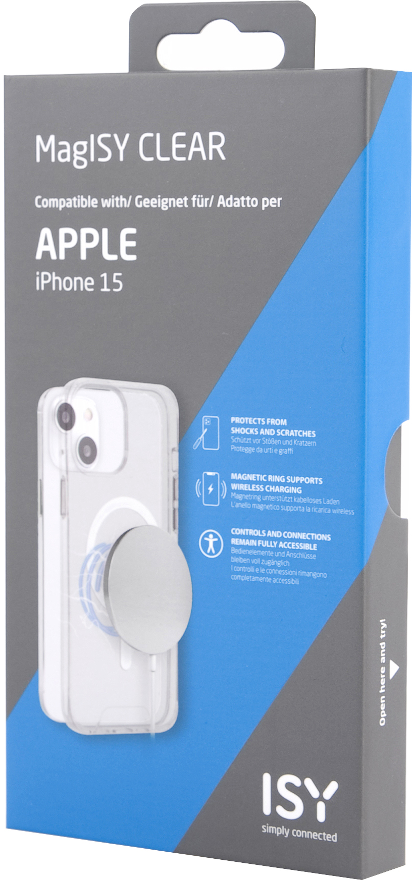 Coque pour iPhone 15 dans son emballage. Coque transparente avec un anneau argenté.