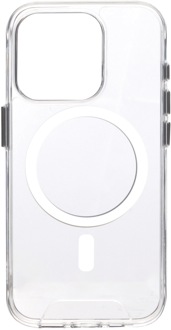 Une coque de téléphone transparente avec un cercle MagSafe blanc et une découpe caméra.