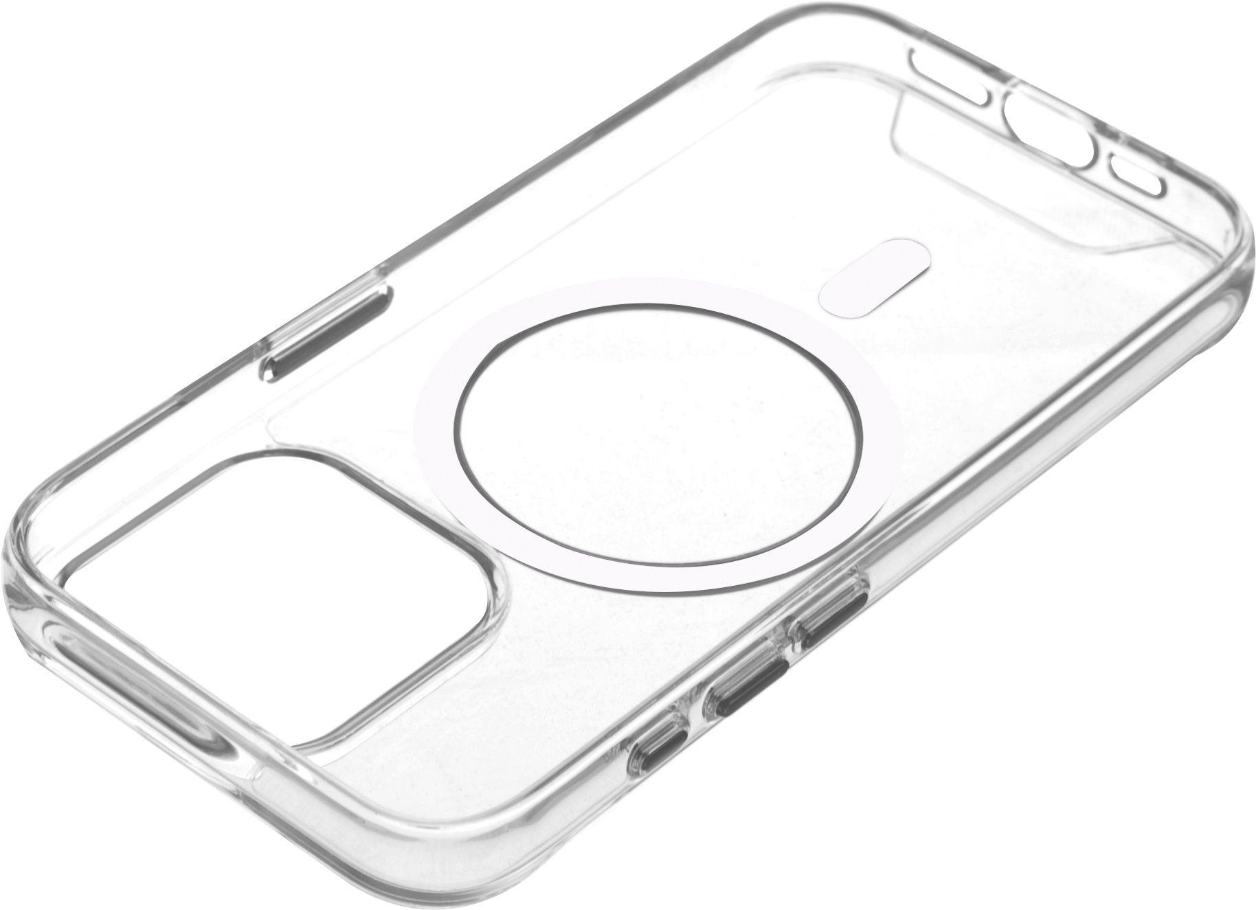 Une coque de téléphone transparente avec un aimant circulaire.