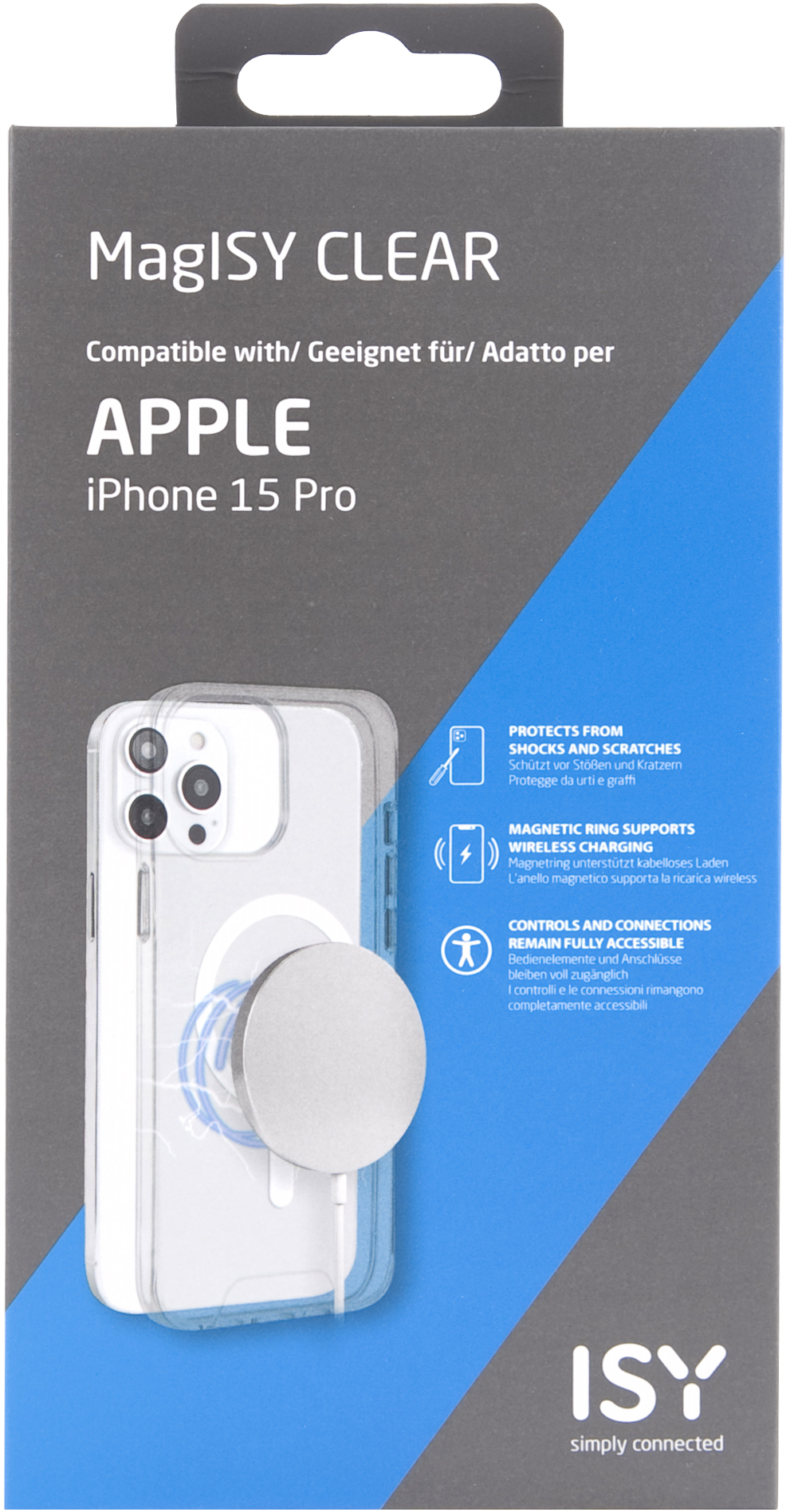 Boîte de coque de téléphone pour iPhone 15 Pro. Coque transparente avec MagSafe blanc. Texte en anglais, allemand et italien.