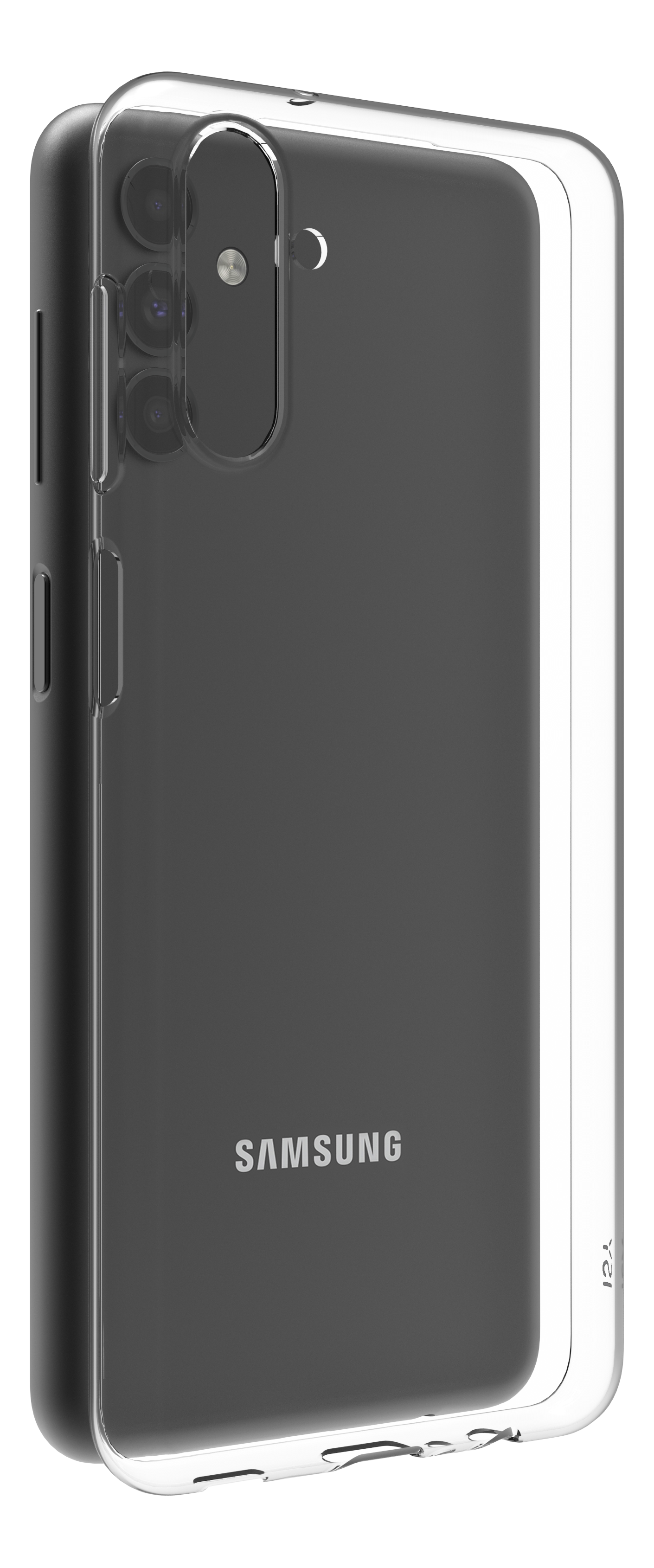Transparente Handyhülle für ein Samsung-Handy. Die Hülle zeigt die Kameras des Telefons. Samsung-Logo sichtbar.