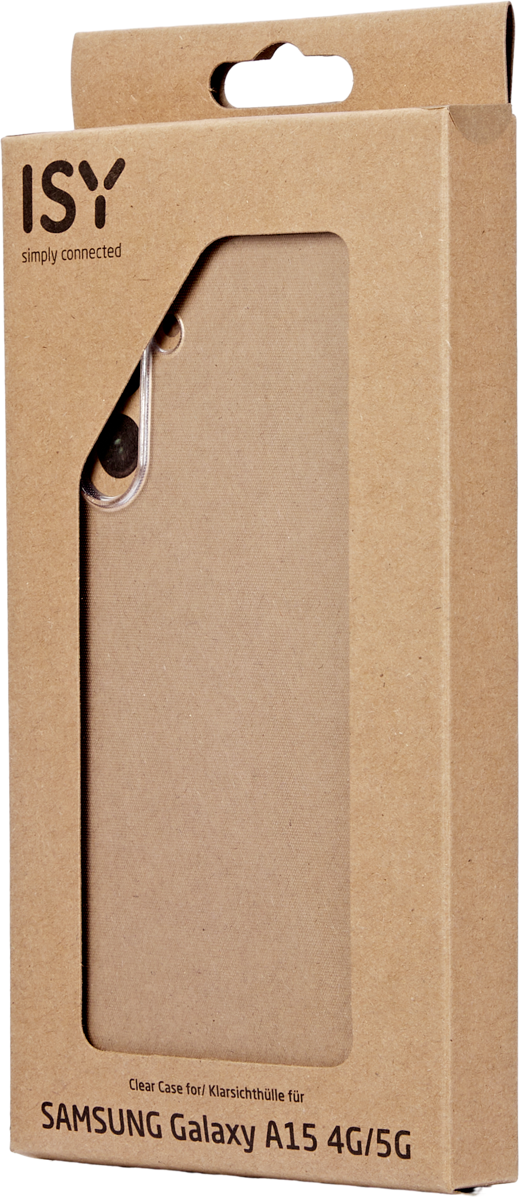 Braune Kartonverpackung mit sichtbarer transparenter Handyhülle. Der Text 'ISY' steht oben.