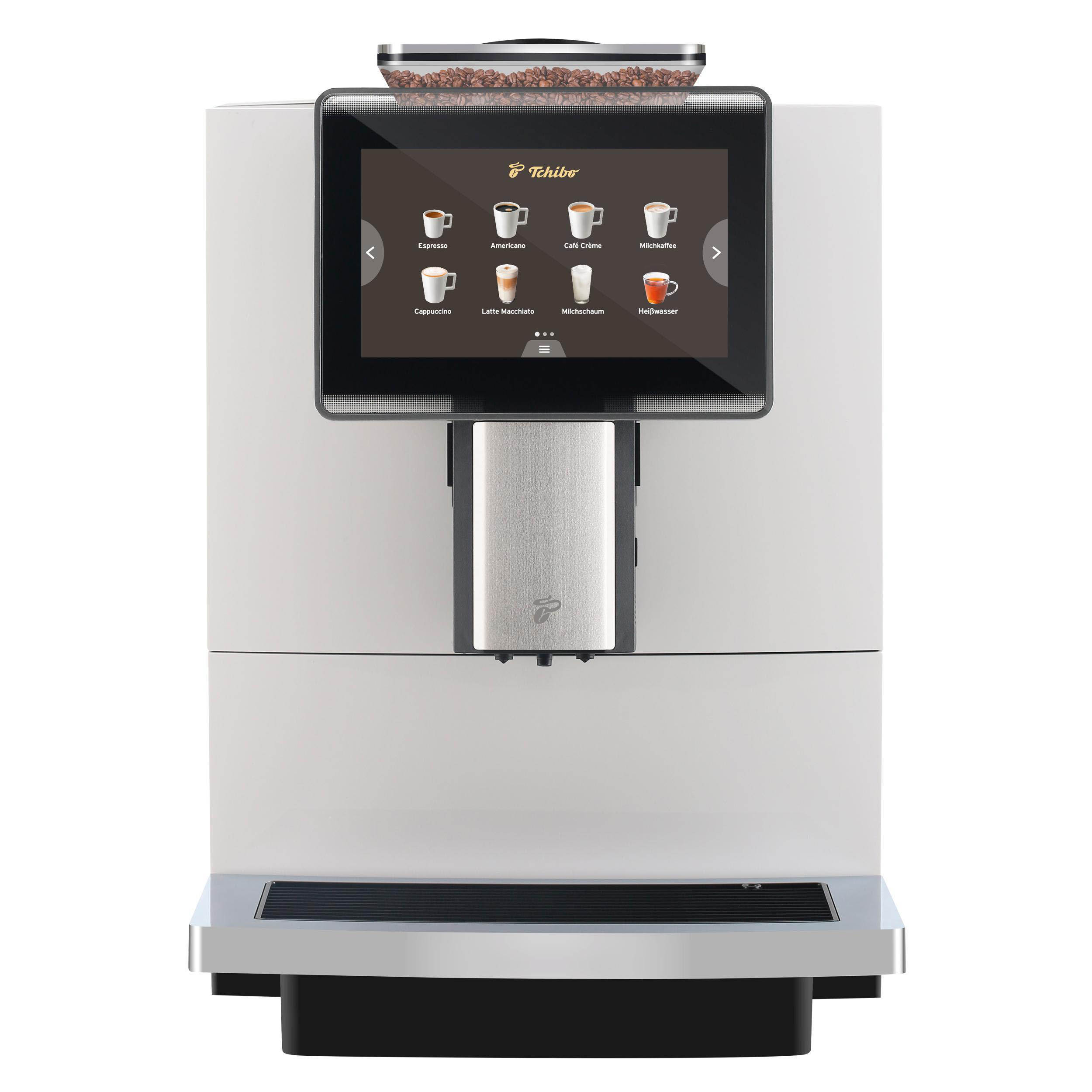 Eine weiße Kaffeemaschine mit Touchscreen-Display, verschiedenen Kaffeeoptionen und Kaffeebohnen.