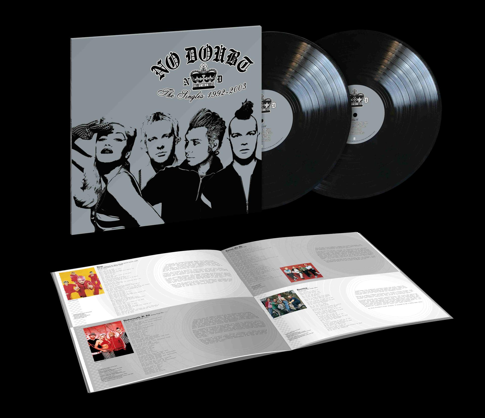 A No Doubt 'The Singles 1992-2003' című albumának borítója. A zenekar tagjai és egy nyitott füzet dalszövegekkel és képekkel.