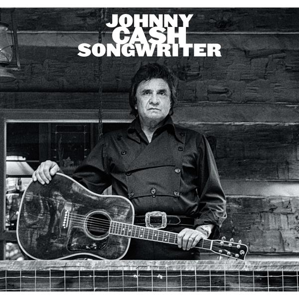 Johnny Cash gitárral, fa háttér, felirat: 'Songwriter'.