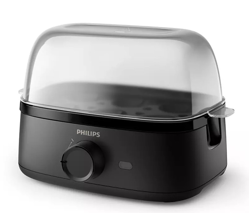 Czarny sterylizator do butelek dla niemowląt z przezroczystą pokrywą. Pokrętło i przycisk są widoczne z przodu.