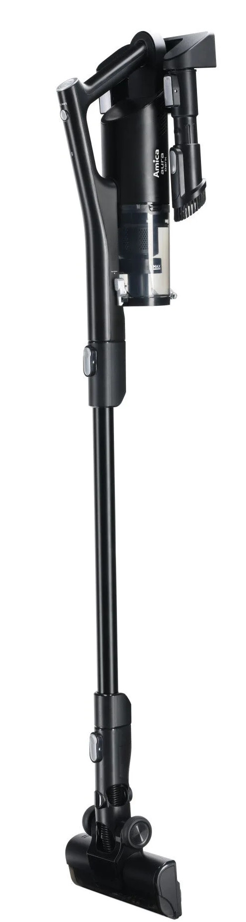 Czarny odkurzacz bezprzewodowy. Długi uchwyt i głowica czyszcząca na dole.