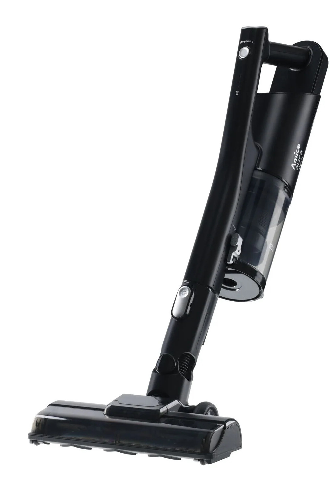 Czarny, bezprzewodowy odkurzacz stojący na białym tle.