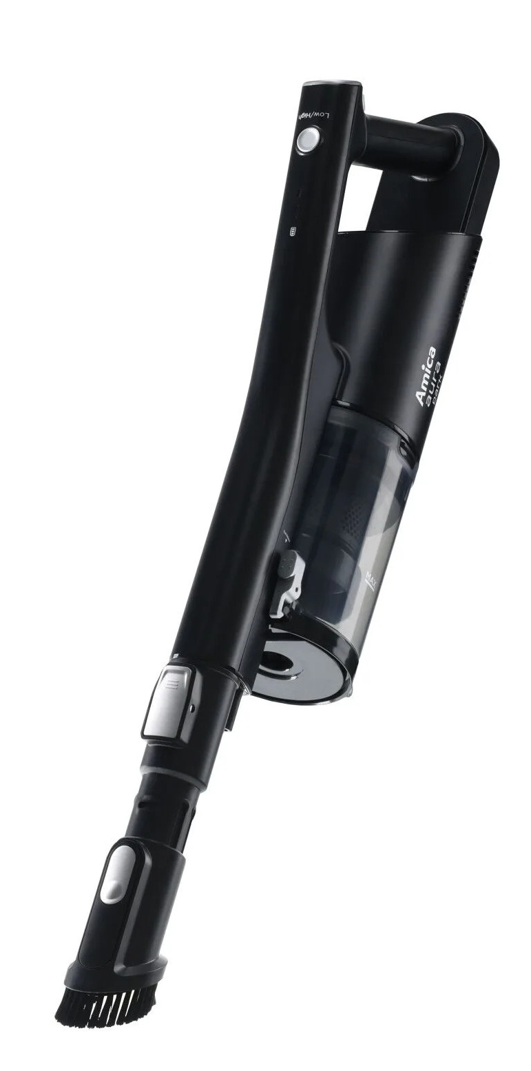 Czarny odkurzacz ręczny z nasadką szczotkową.