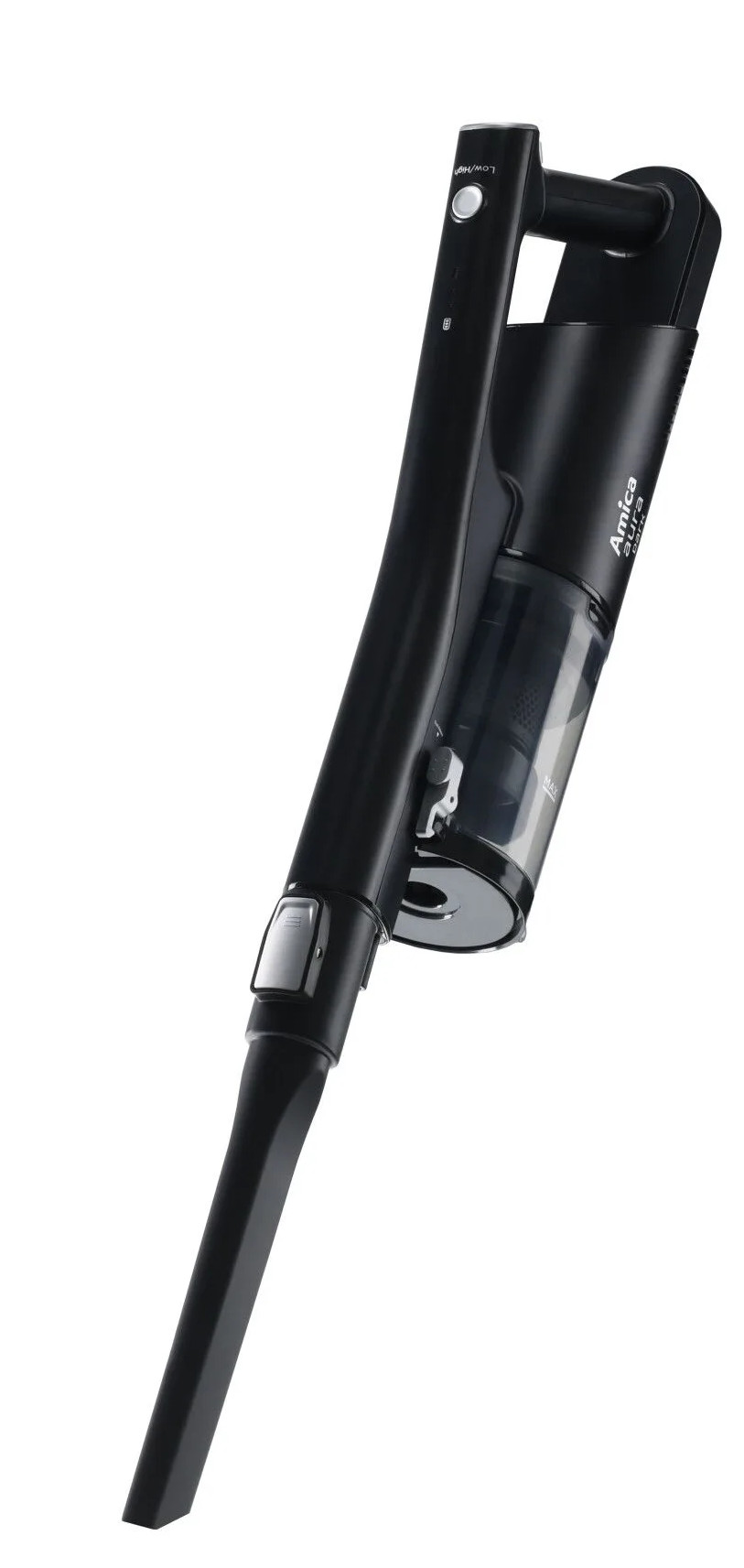 Czarny odkurzacz bezprzewodowy, pod kątem, na białym tle.