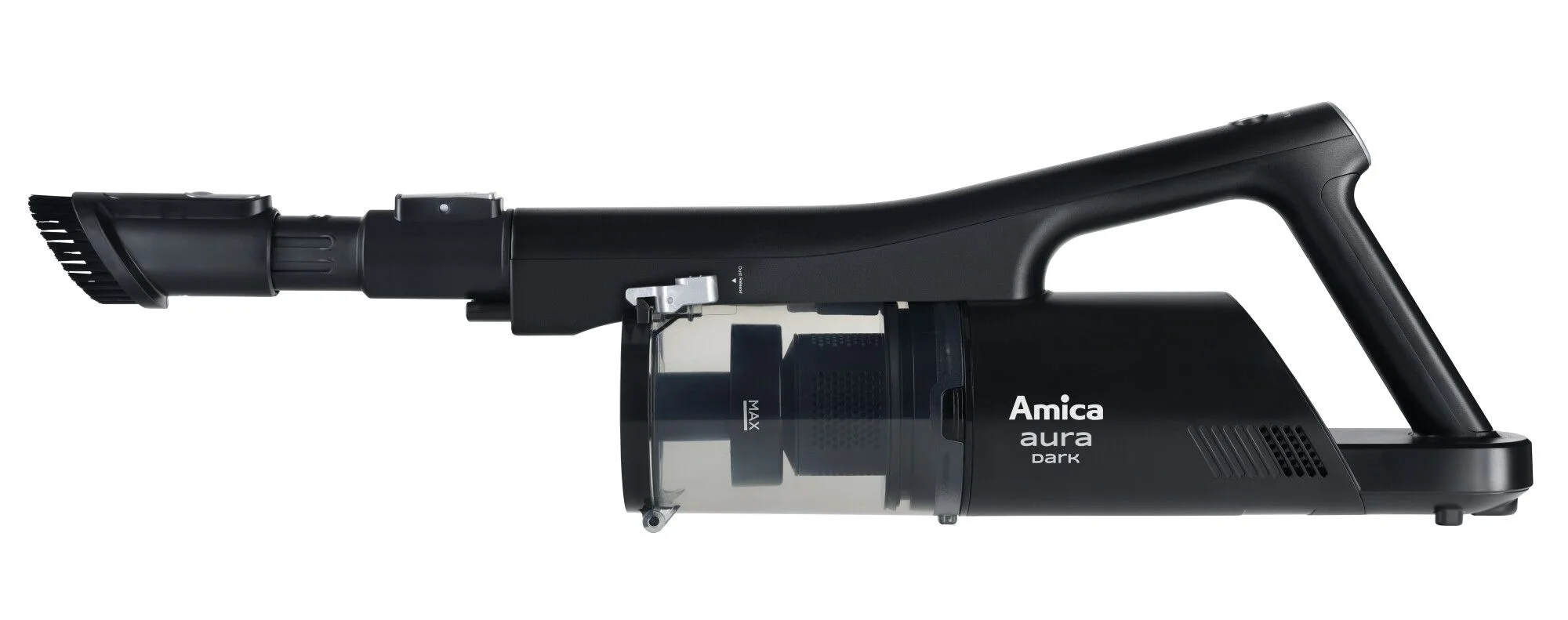 Czarny odkurzacz ręczny z długą dyszą i logo Amica aura dark.