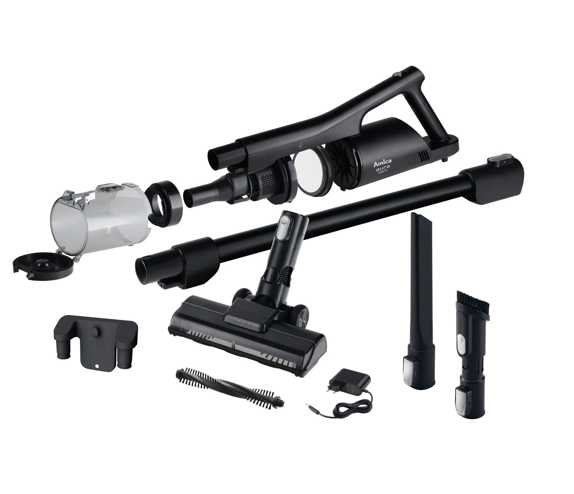 Rozebrany odkurzacz Amica z różnymi częściami ułożonymi na białej powierzchni.