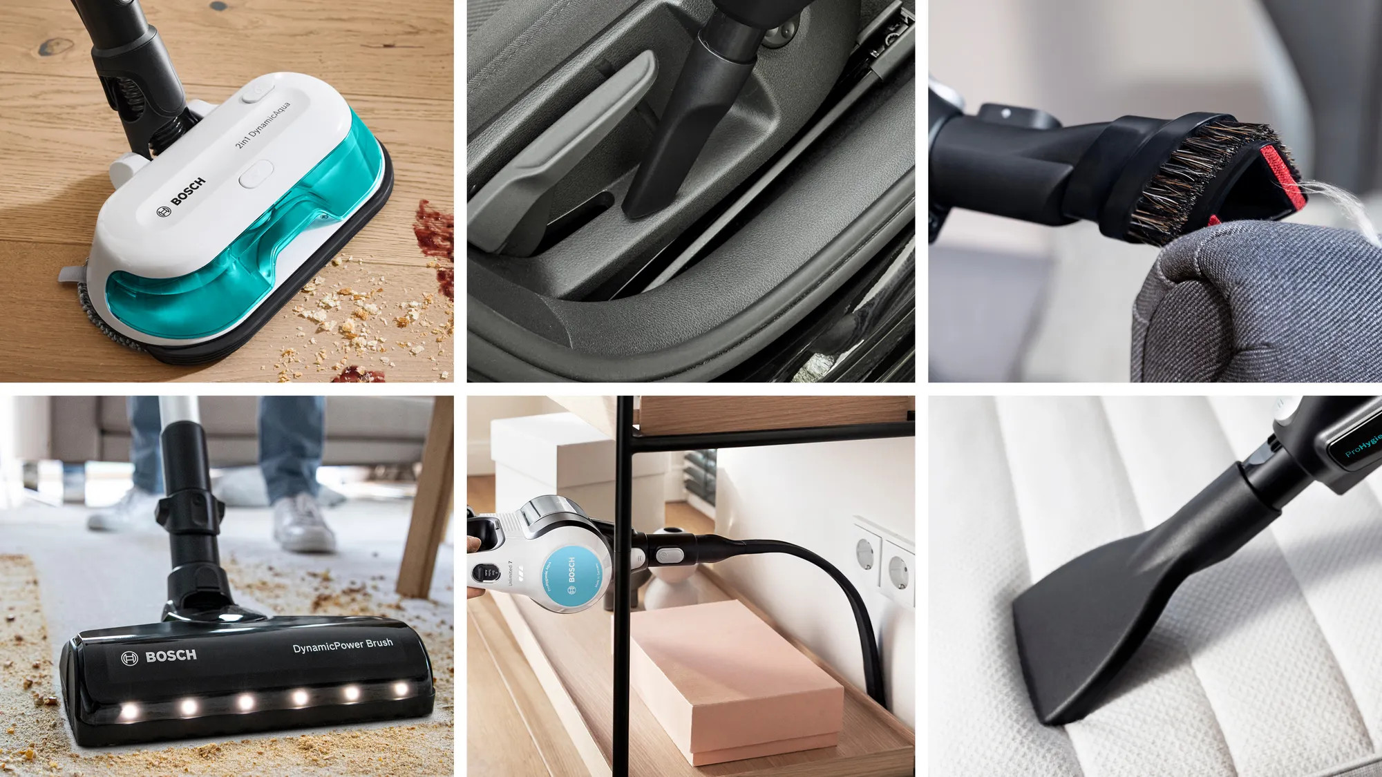 Kolaż akcesoriów do odkurzacza czyszczących różne powierzchnie, takie jak podłogi i siedzenia samochodowe.
