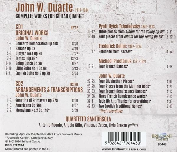 Album-Cover mit Werkliste von John W. Duarte, Komponist, mit Titeln und Laufzeiten.