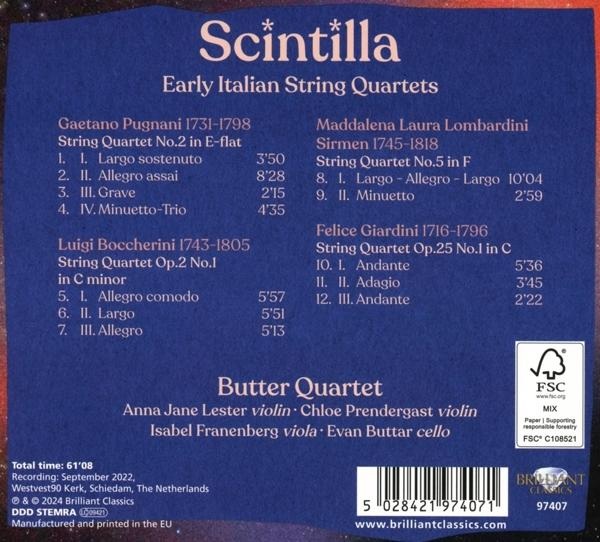 Rückseite einer CD-Hülle mit Text über frühe italienische Streichquartette.