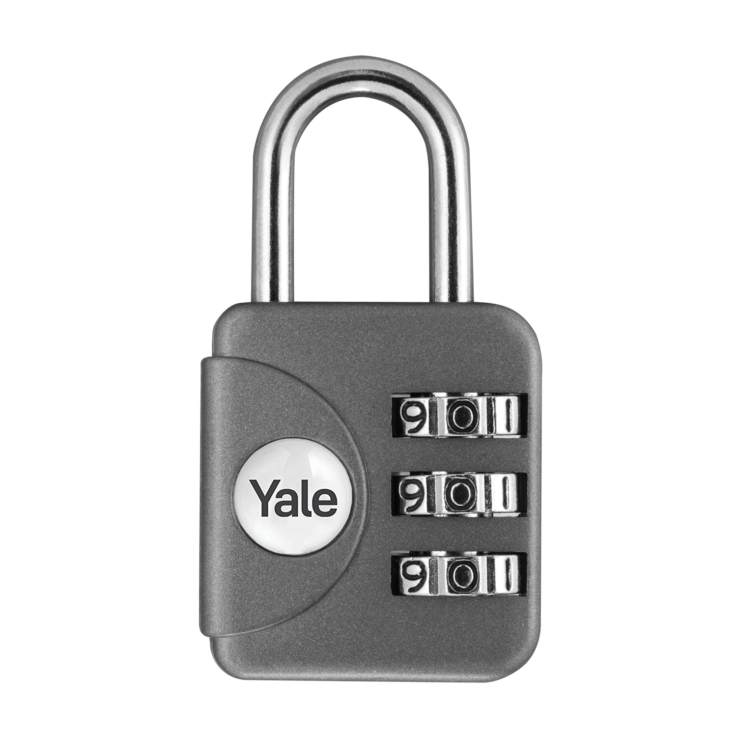 Un lucchetto a combinazione Yale, grigio, con quadranti impostati su 901. Il logo Yale è visibile.