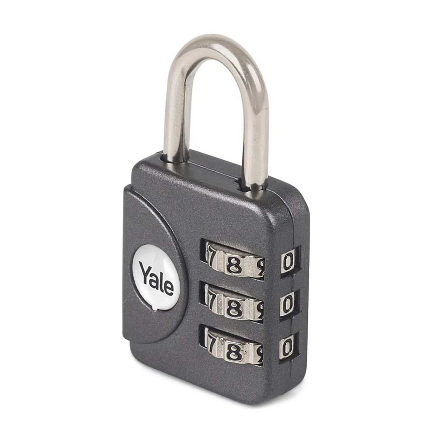 Un lucchetto a combinazione Yale grigio. Tre quadranti numerici con il logo Yale sul davanti.