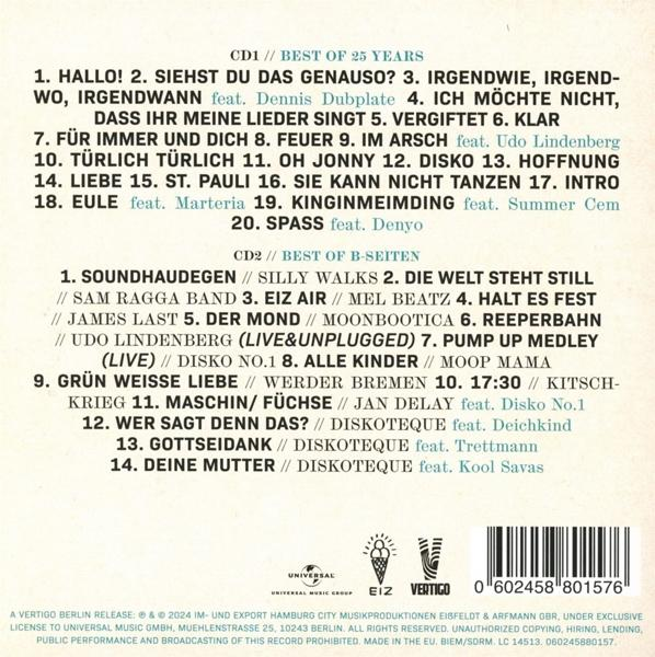 Eine Liste von Titeln auf einer CD, mit einem Schwarz-Weiß-Grafikdesign.