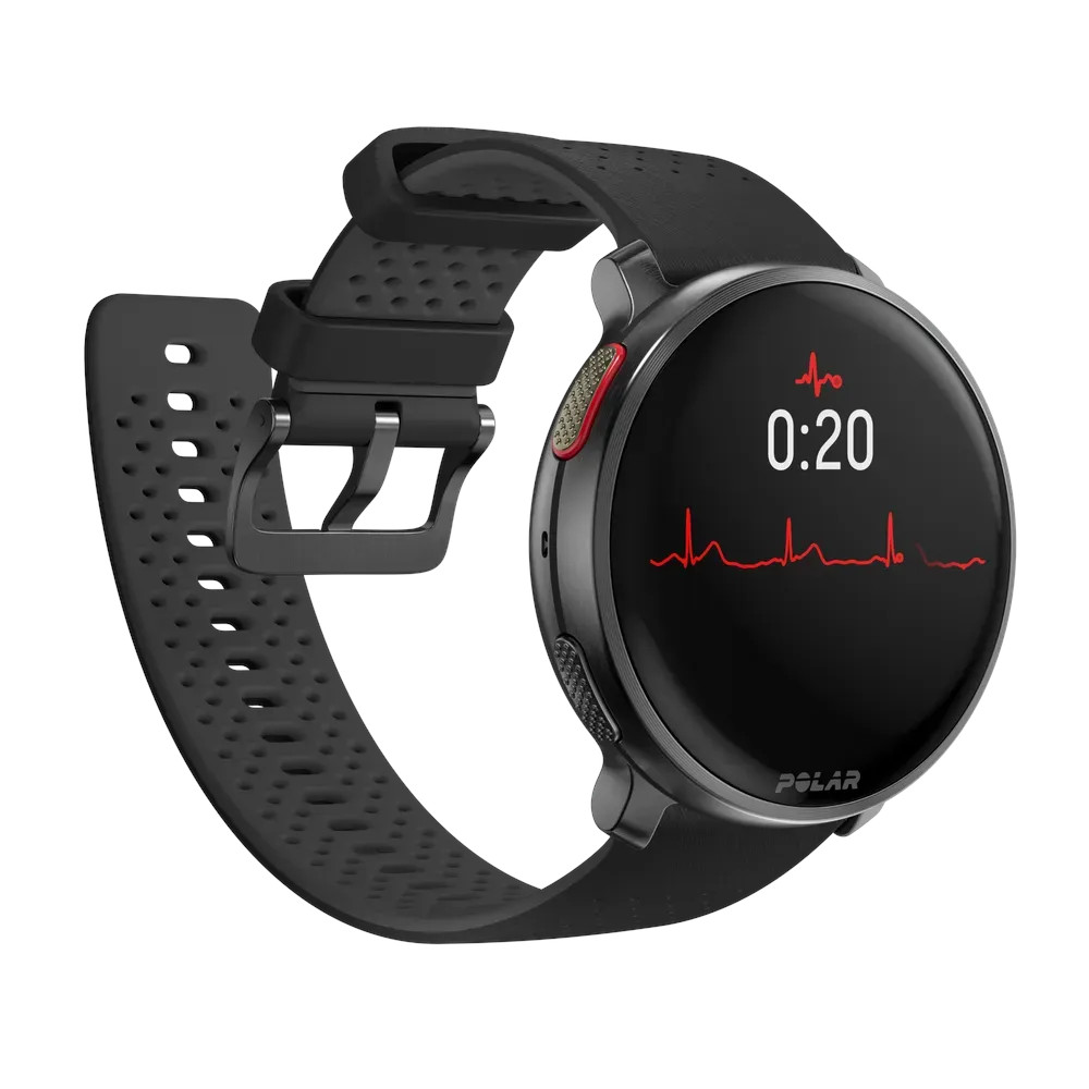 Czarny smartwatch wyświetla wykres tętna i czas. Ma czarny pasek.