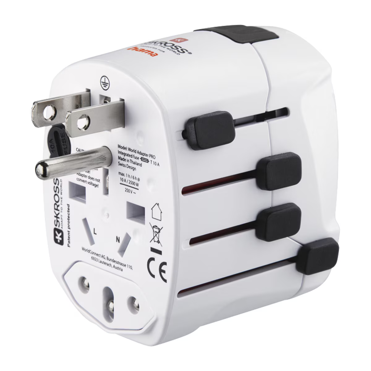 Adaptador de viaje blanco con múltiples configuraciones de enchufe. Cuerpo blanco con detalles en negro y plata.