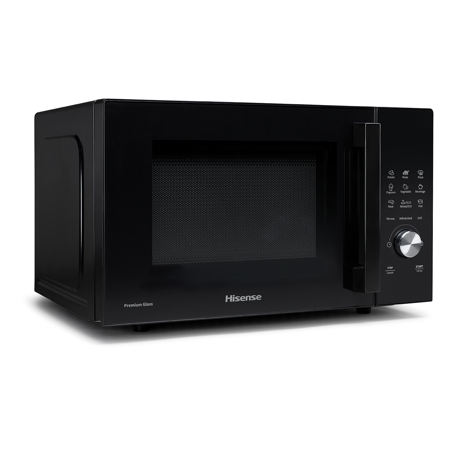Forno a microonde nero con pulsanti e quadrante. Marchio Hisense sulla parte anteriore.