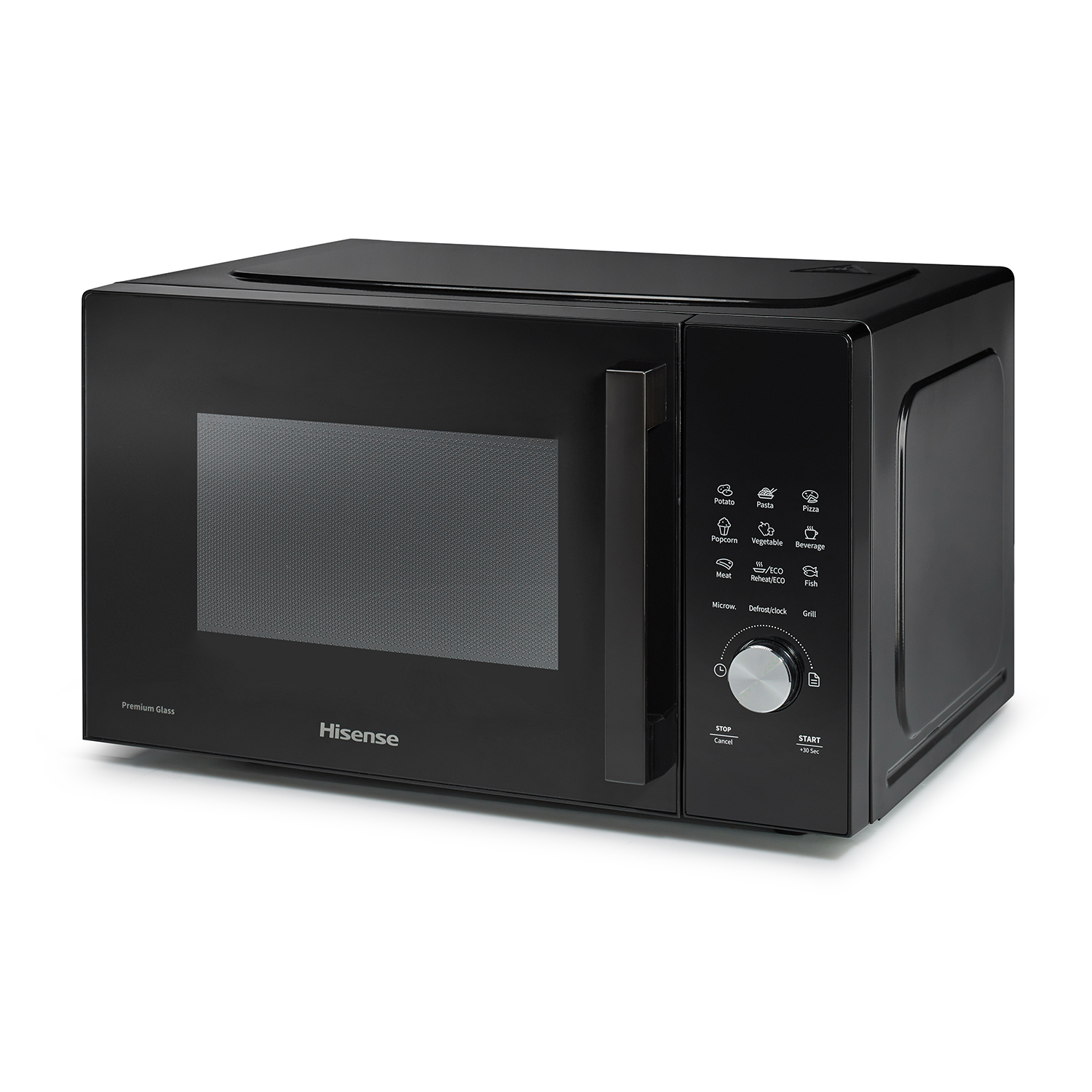 Forno a microonde nero con pulsanti e porta a vetri.