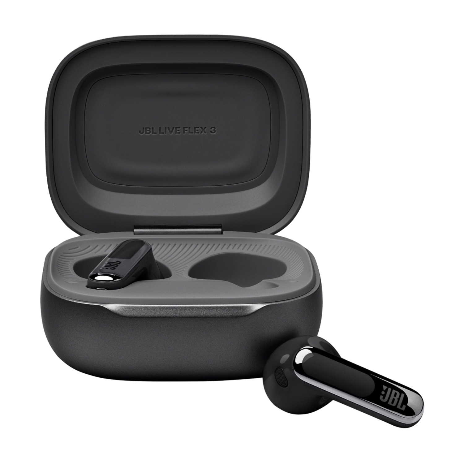 Black JBL earbuds in an open case. One earbud is outside the case. Both are black with silver accents.