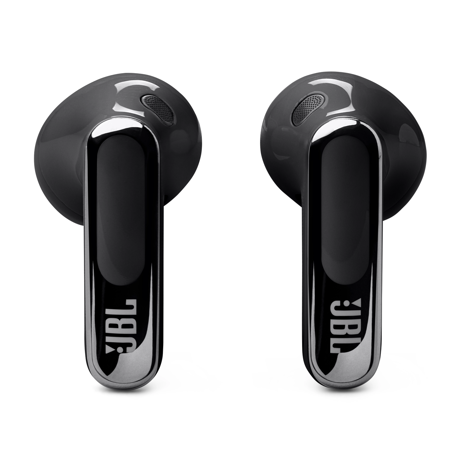 Two black JBL earbuds, each with a silver accent and JBL logo.