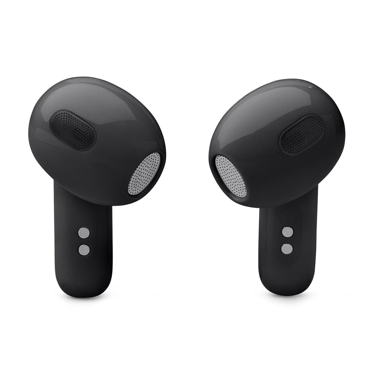 Two black wireless earbuds. Each earbud has a speaker and two buttons.