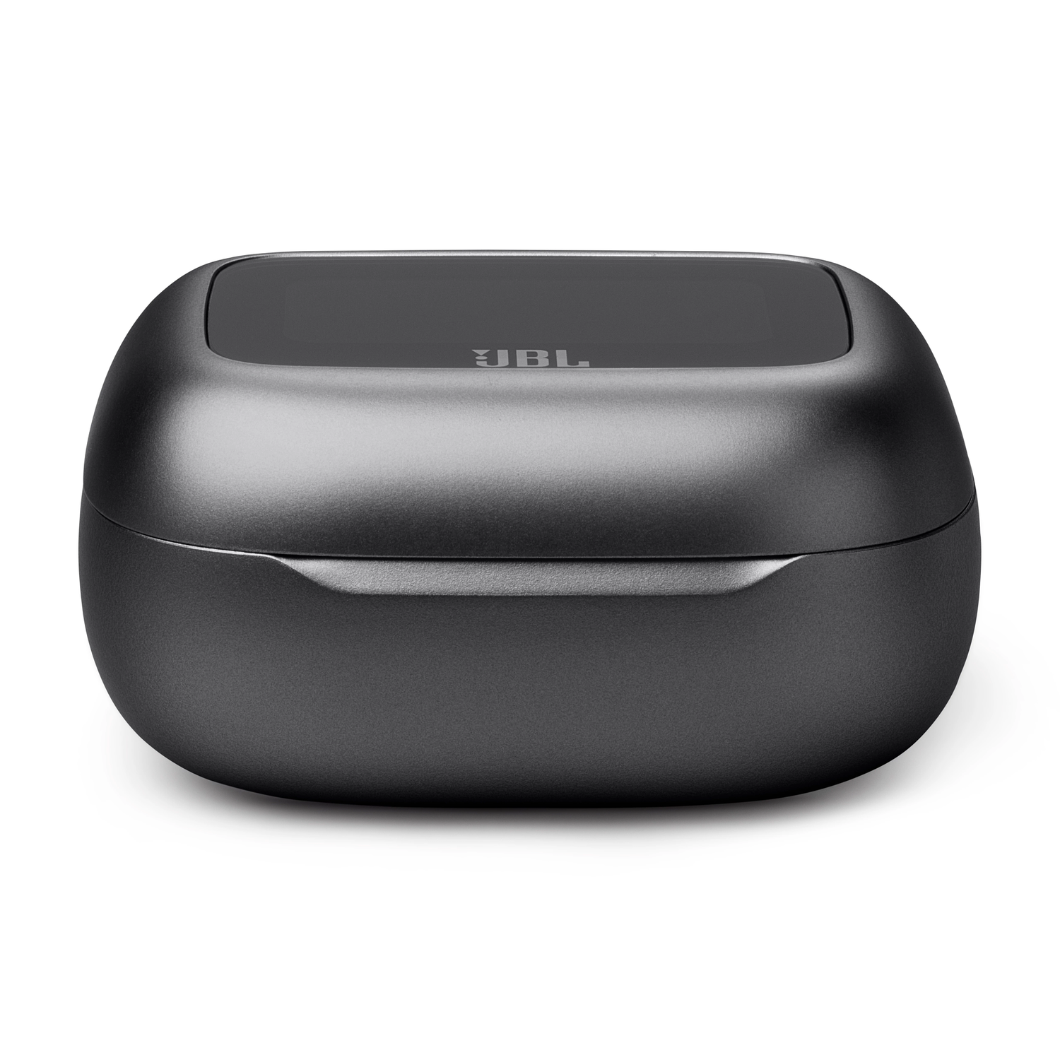 A closed, dark gray JBL earbud charging case, with the JBL logo on top.