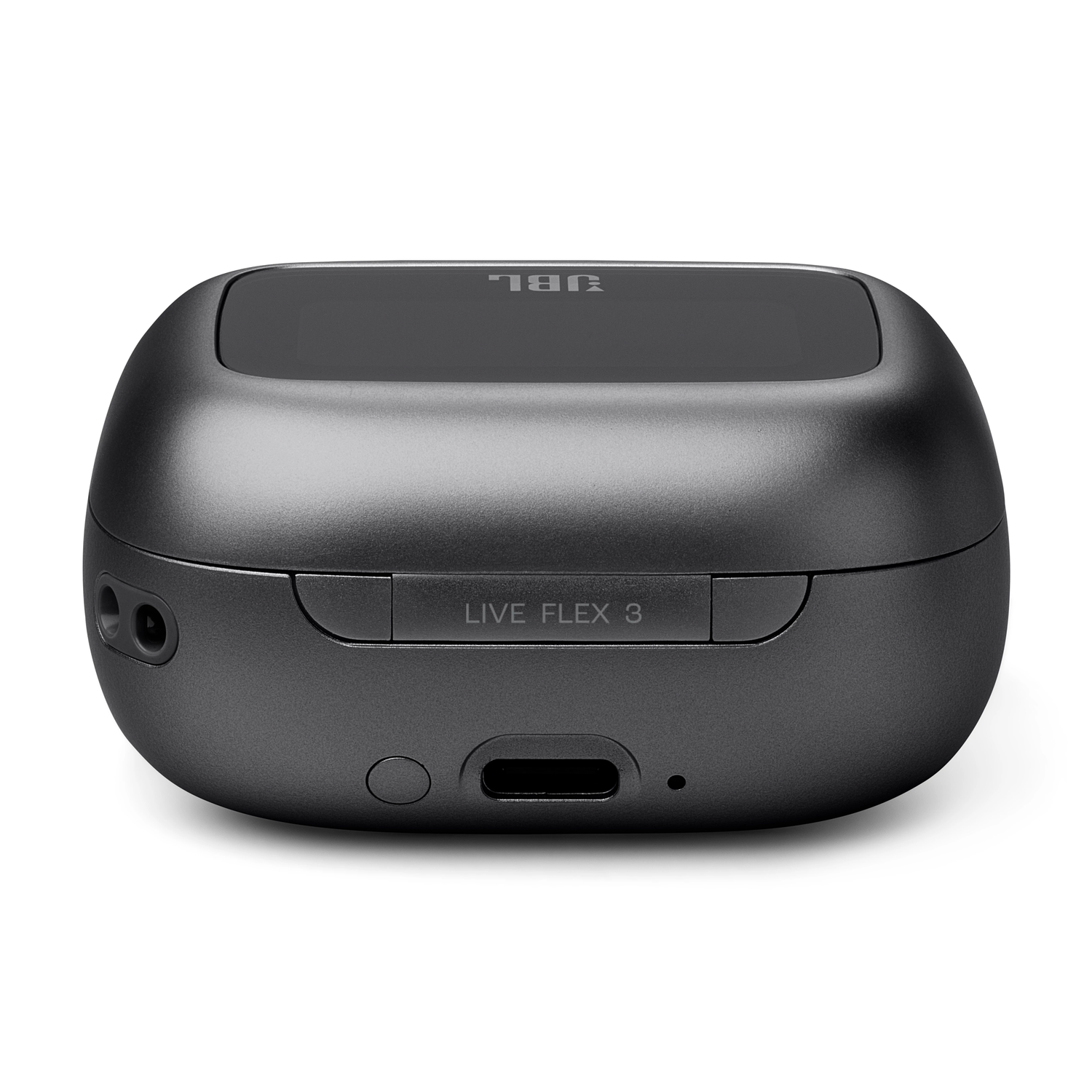 Dark grey JBL Live Flex 3 charging case with the name 'LIVE FLEX 3'.