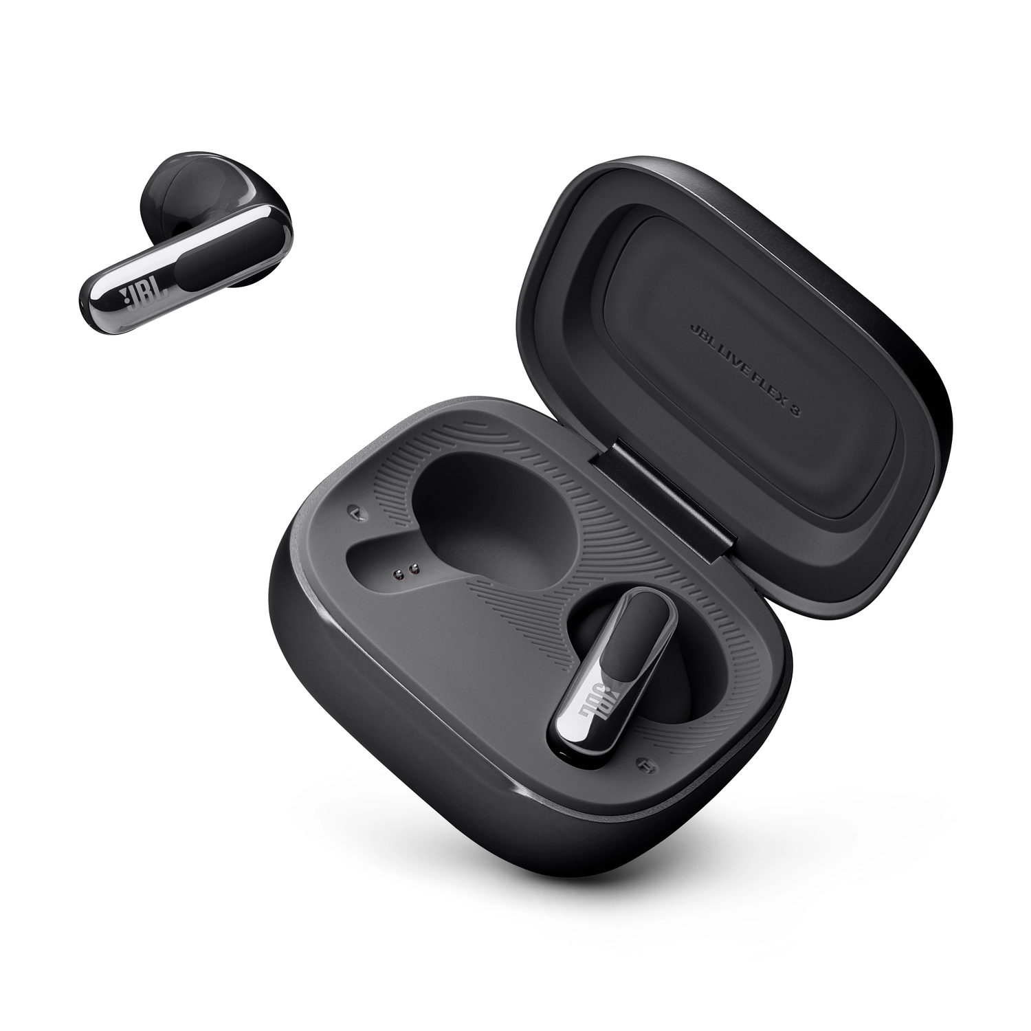 Black JBL earbuds in a charging case. One earbud is separate.
