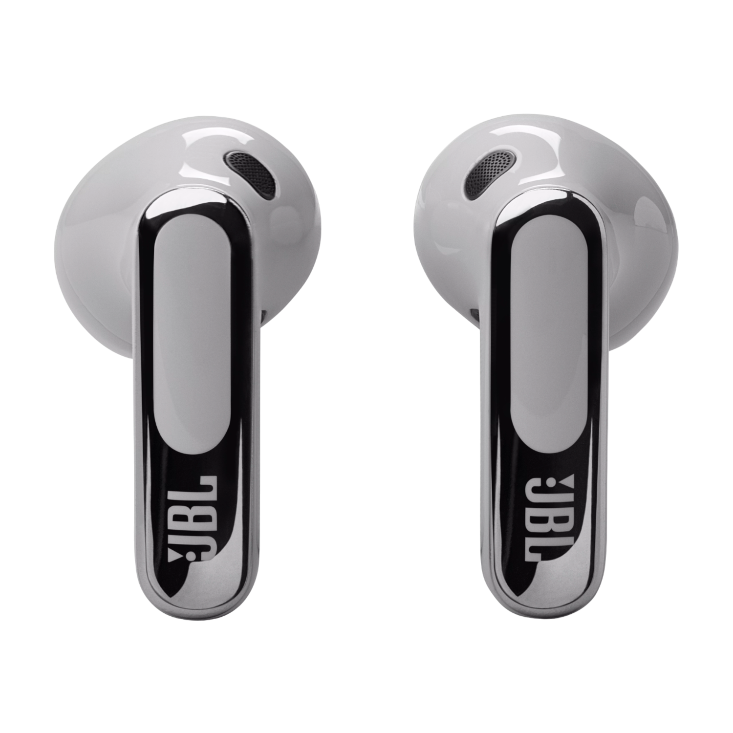 Pair of white and silver JBL wireless earbuds. The JBL logo is visible on the earbuds.