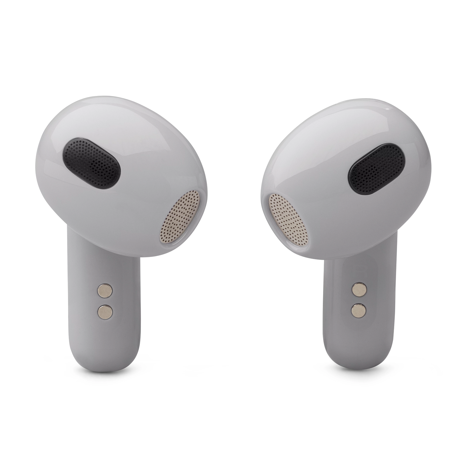 Two white wireless earbuds, each with a black mesh covering the speaker.