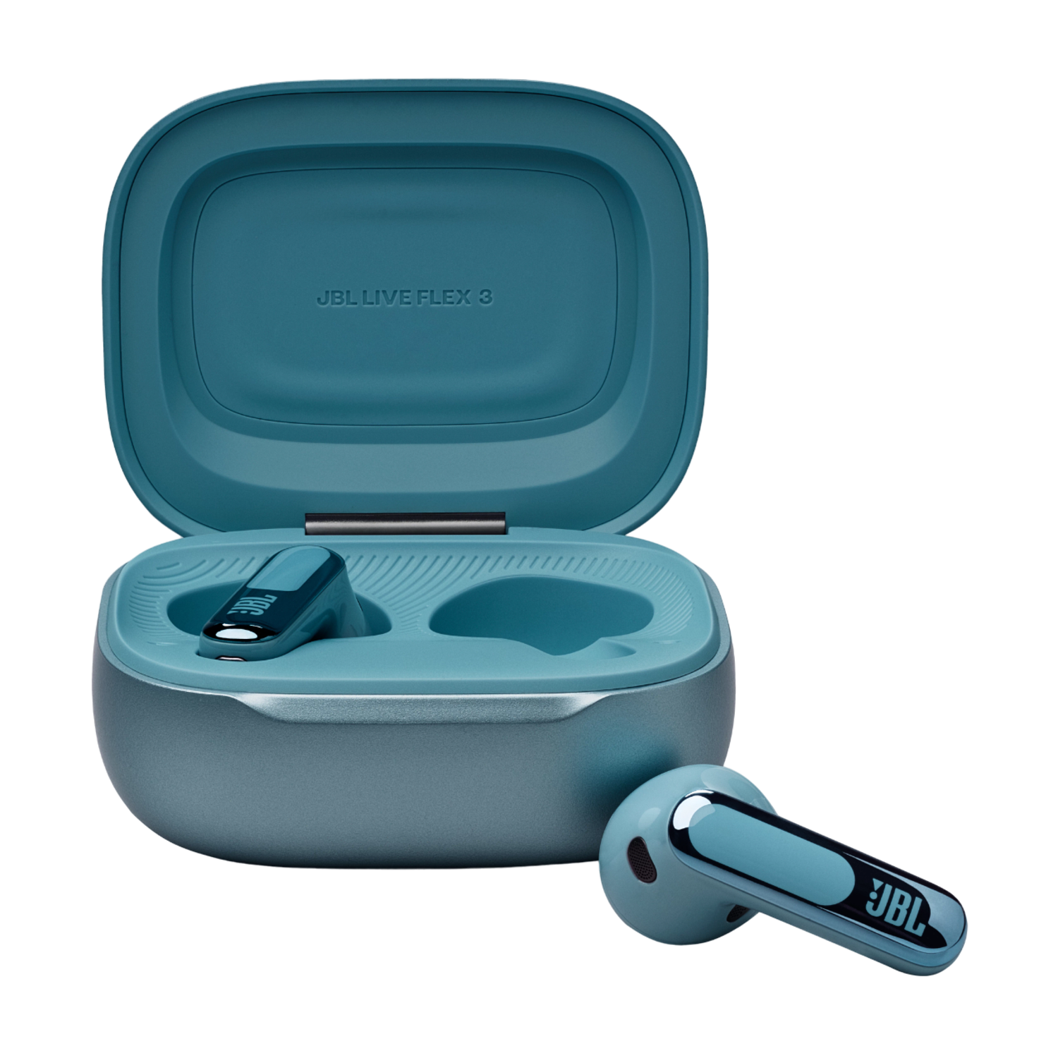 JBL Live Flex 3 earbuds are in their charging case. One earbud is out.