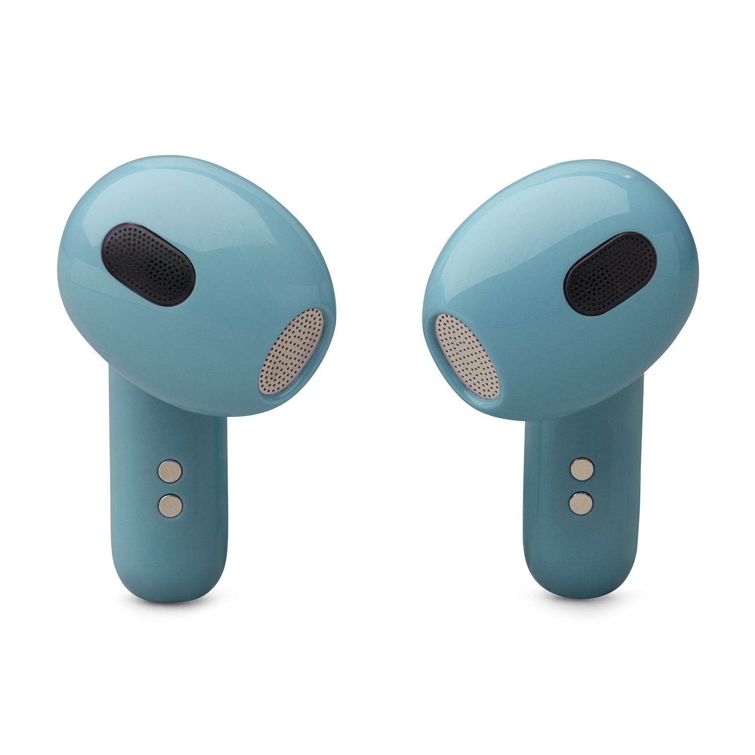 Two light blue earbuds, angled to face the viewer. The earbuds have a round design.