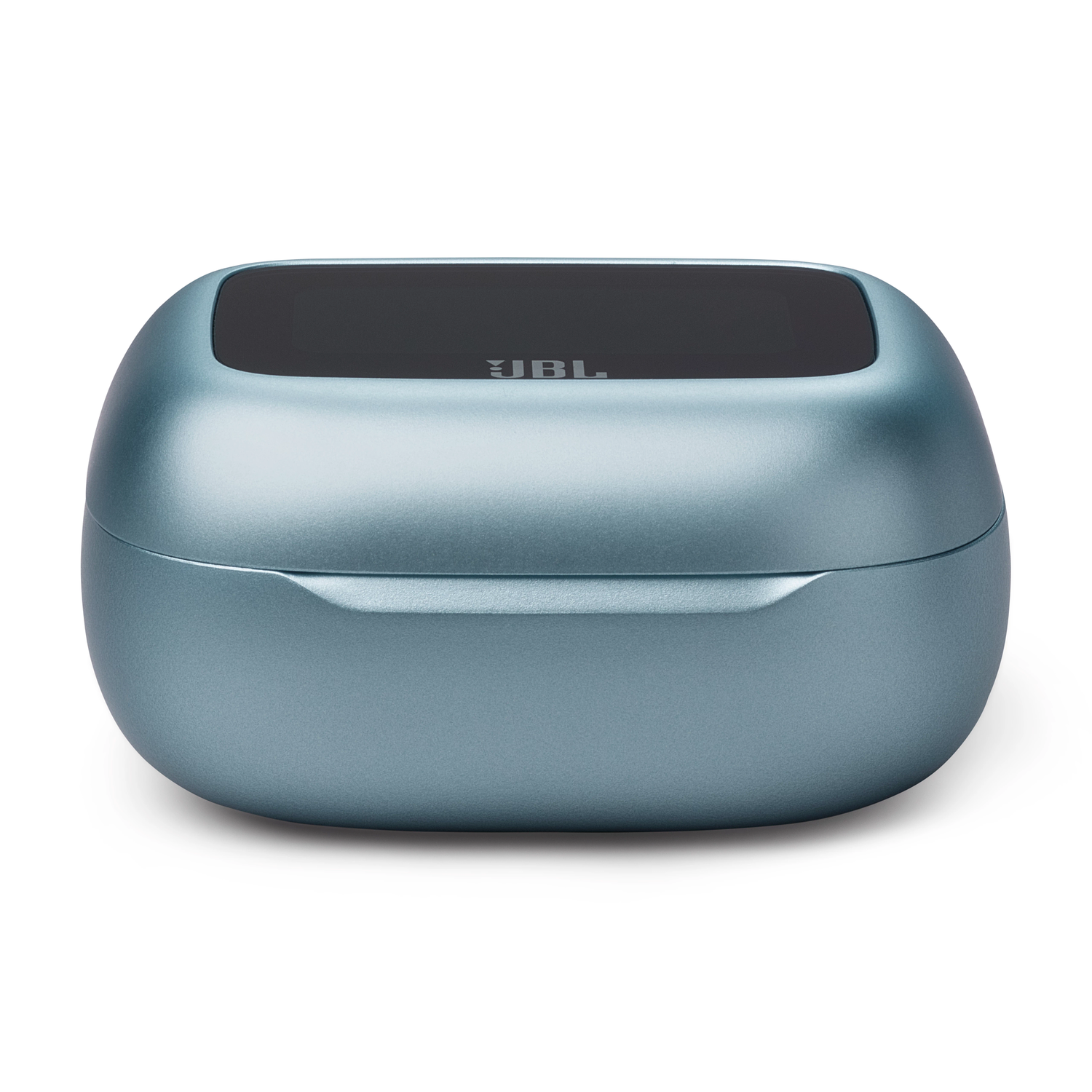 A light blue JBL earbud charging case with a black top.