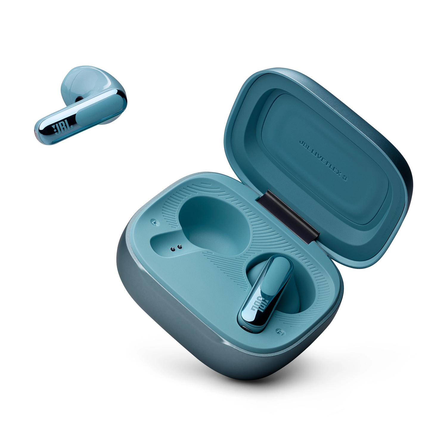 Blue JBL Live Flex 3 earbuds and charging case, open, on white background.