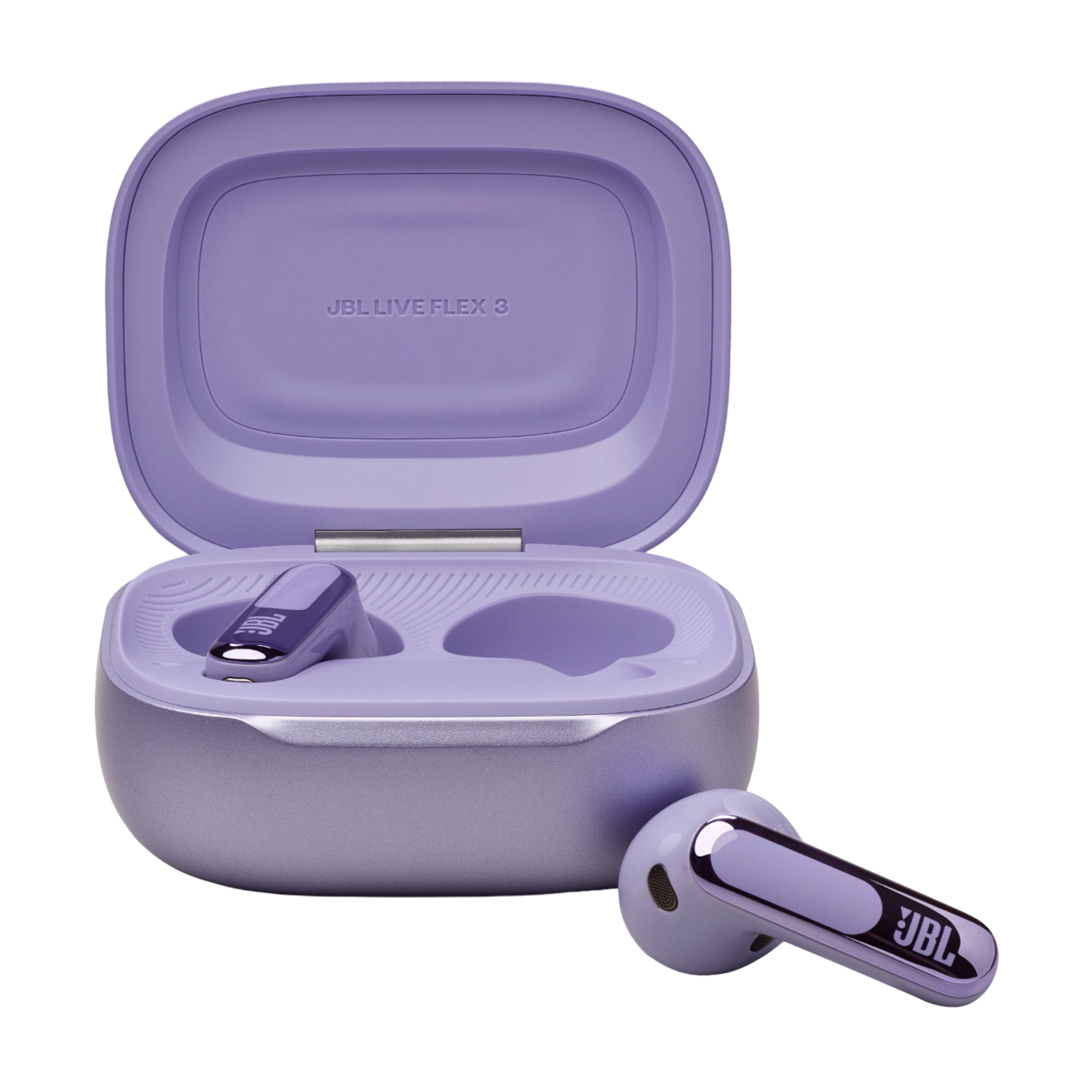 A pair of purple JBL earbuds in their case. The case is open, with one earbud outside.