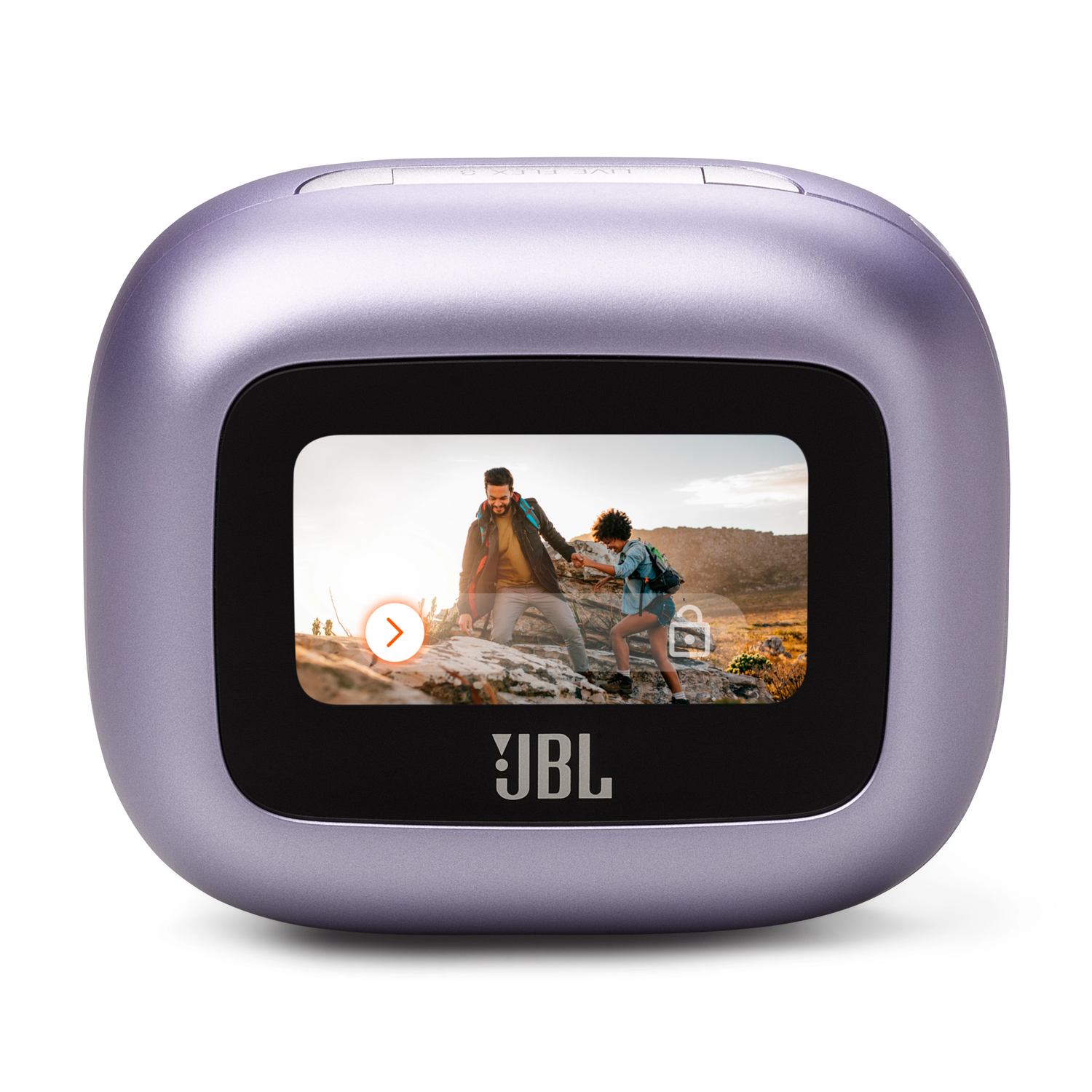 A JBL camera with a screen showing people hiking and a lock icon.