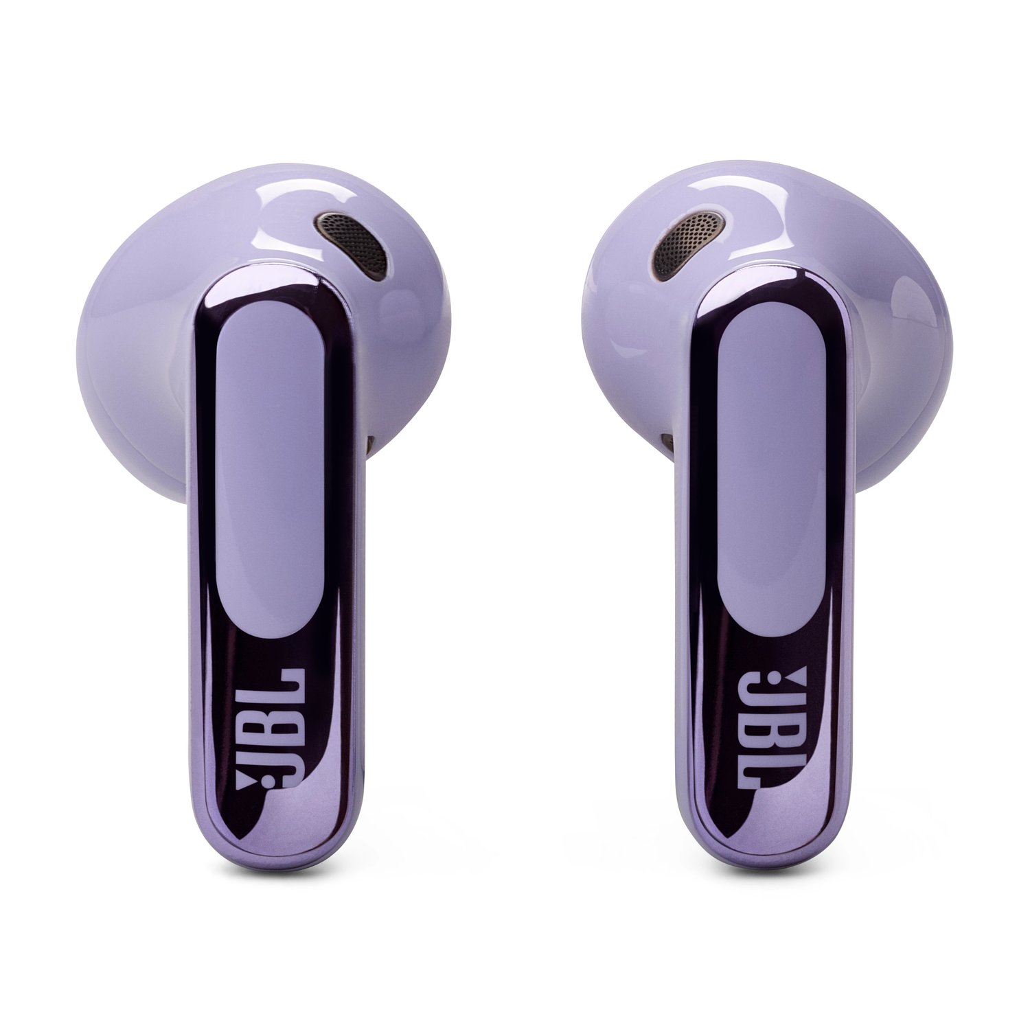 Two purple JBL earbuds with the JBL logo. The earbuds are angled to face the viewer.